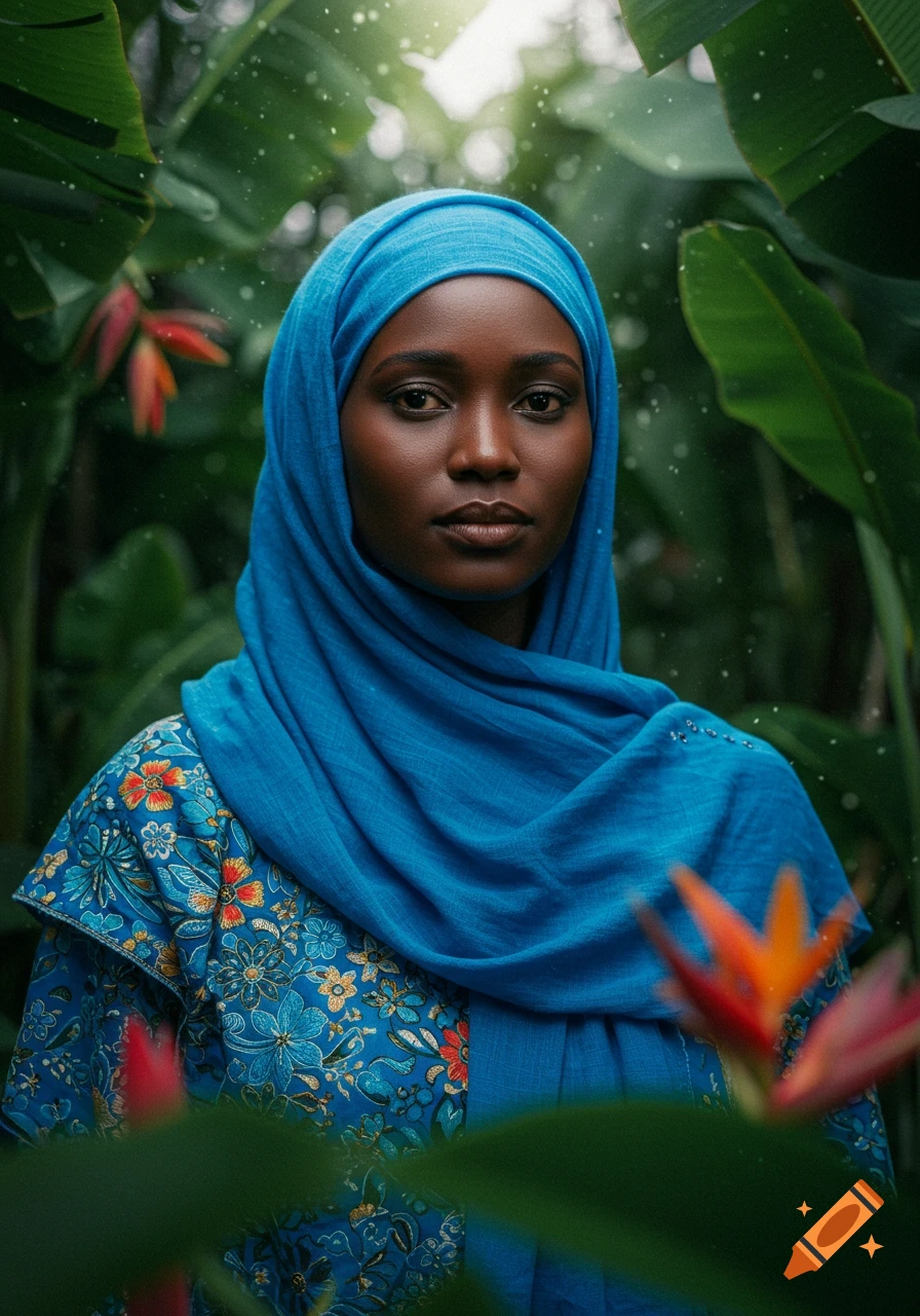 A Black woman in a blue hijab and floral top, standing among lush green tropical plants and red flowers.