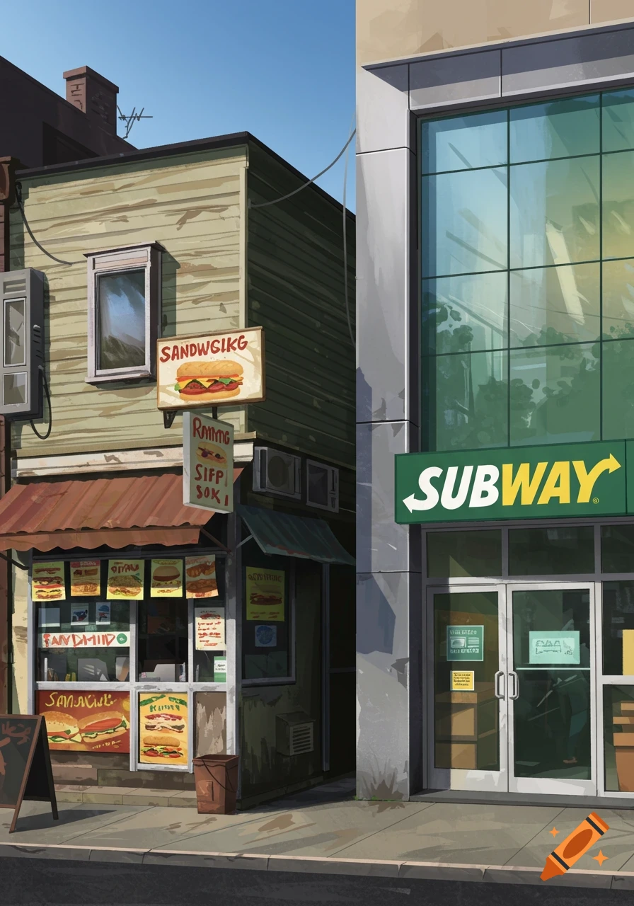Illustration of a rundown sandwich shop next to a modern Subway restaurant on an urban street.