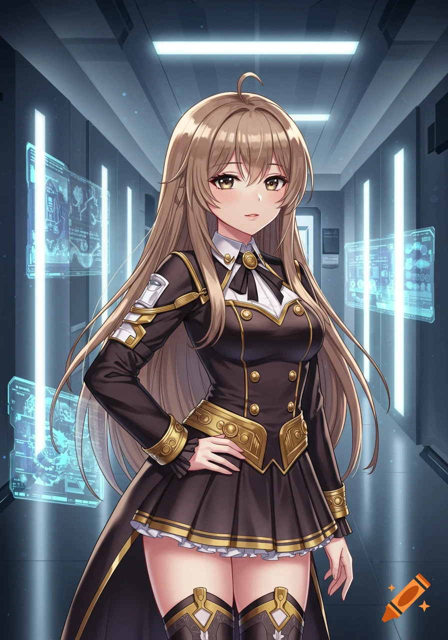 An anime girl with long light brown hair in a black and gold uniform stands in a futuristic corridor.