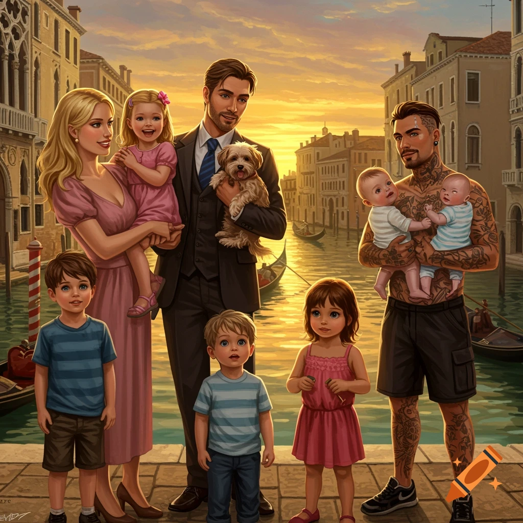 Two families, one with a blonde woman, man, dog and children, the other with a tattooed man and babies, stand in Venice at sunset.