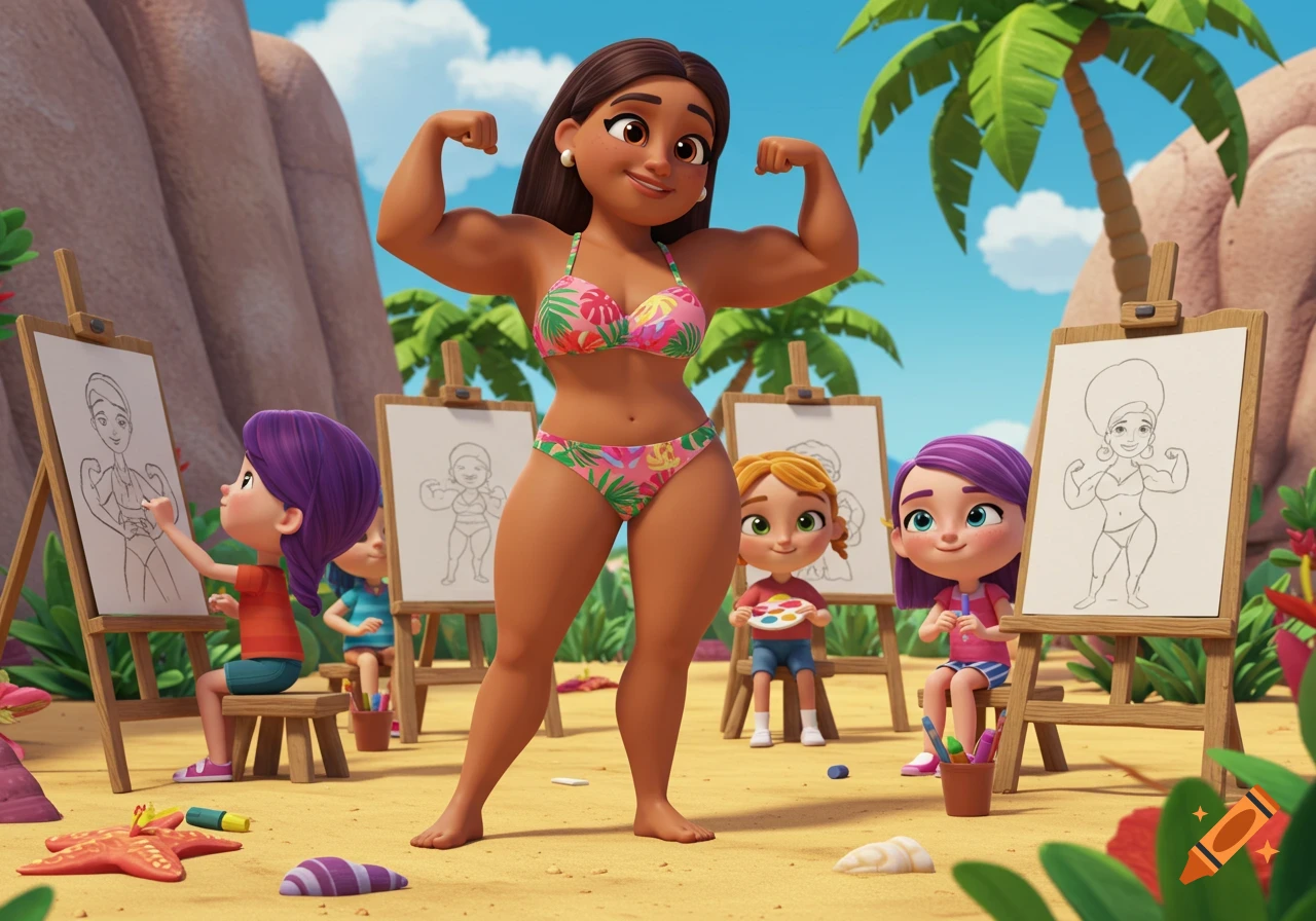 A cartoon woman in a tropical bikini flexes her muscles on a sandy beach while young children draw her at easels.