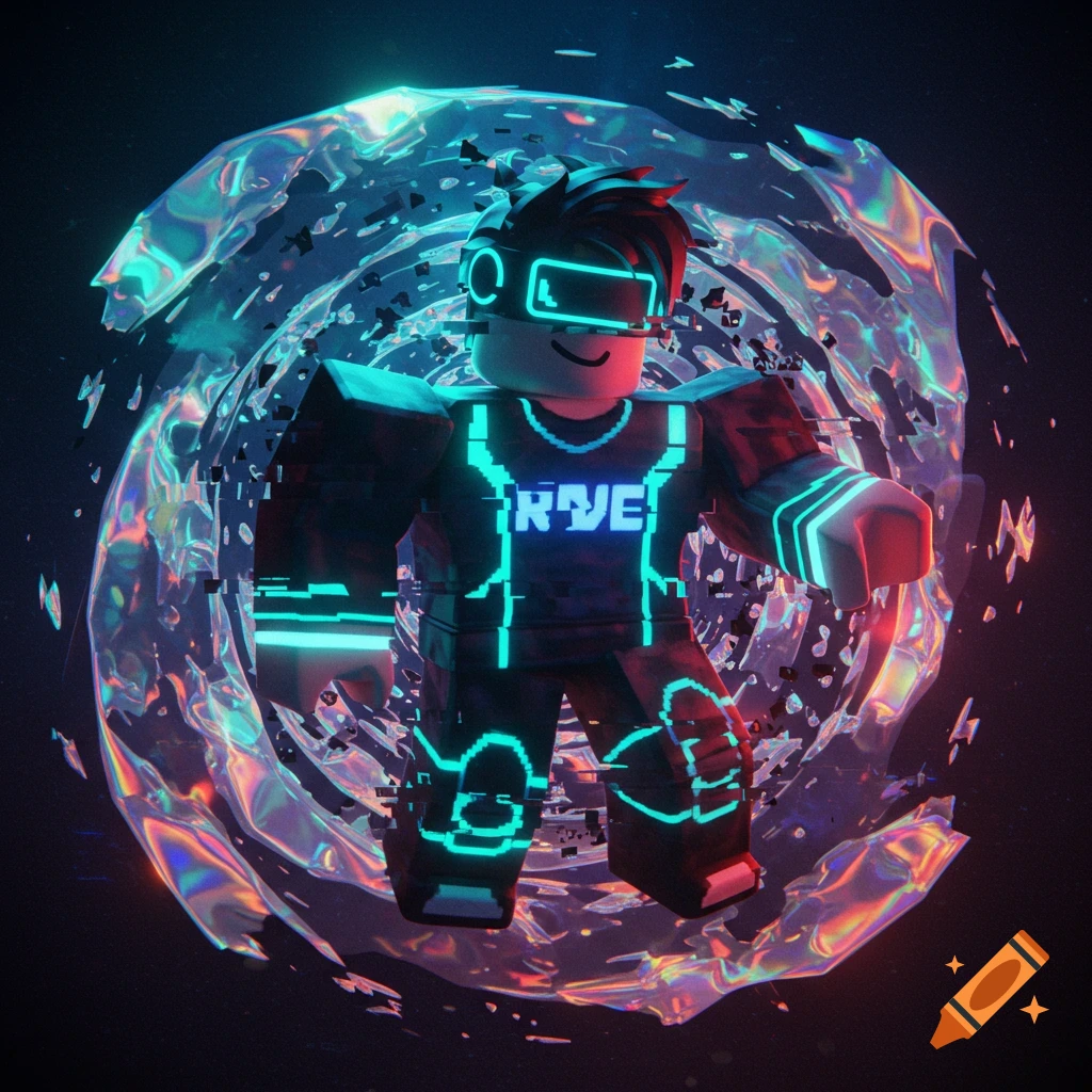 A Roblox-style character wearing a VR headset and glowing neon outlines stands amidst glitchy, colorful distortions.