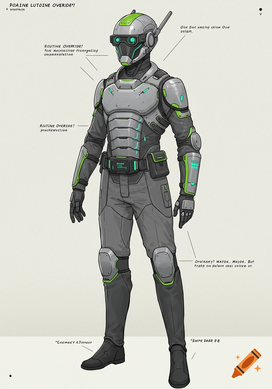 A full body concept art of a robot or armored human in a grey and lime green futuristic suit with a helmet and a visor. Annotations with garbled text surround the figure.