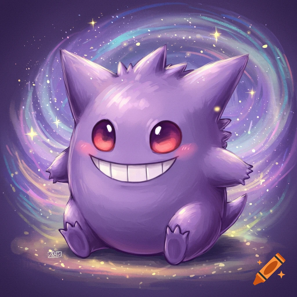 A cute purple Gengar, a Pokemon character, sits smiling with red eyes, against a swirling starry galaxy background.