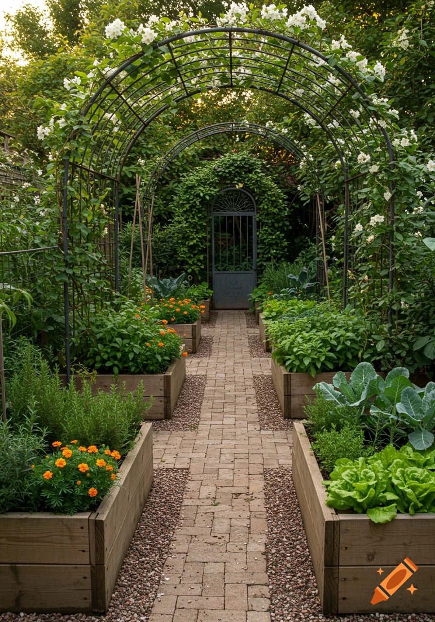 Photorealistic kitchen garden with a brick path, raised garden beds, and an archway covered in white flowers leading to a gate.
