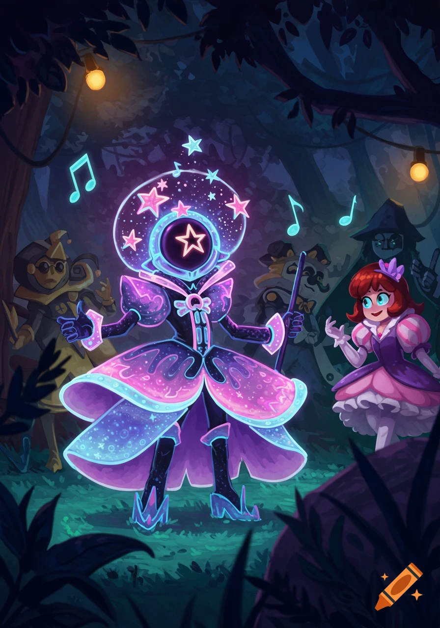 A glowing, star-filled character in a purple costume performs with other cartoon figures in a dark, enchanted forest.
