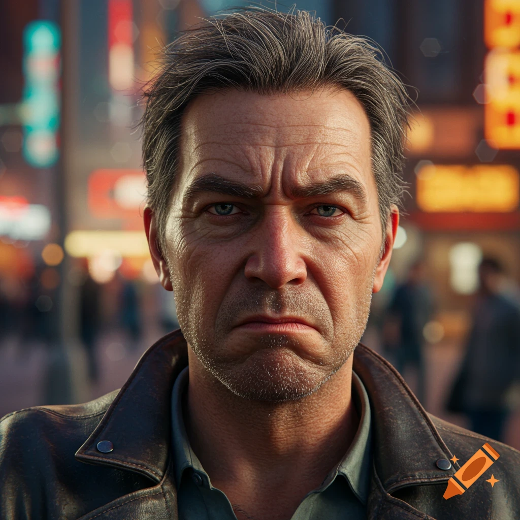 A photorealistic close-up portrait of a middle-aged man with graying hair and a mildly annoyed expression, in an urban setting.