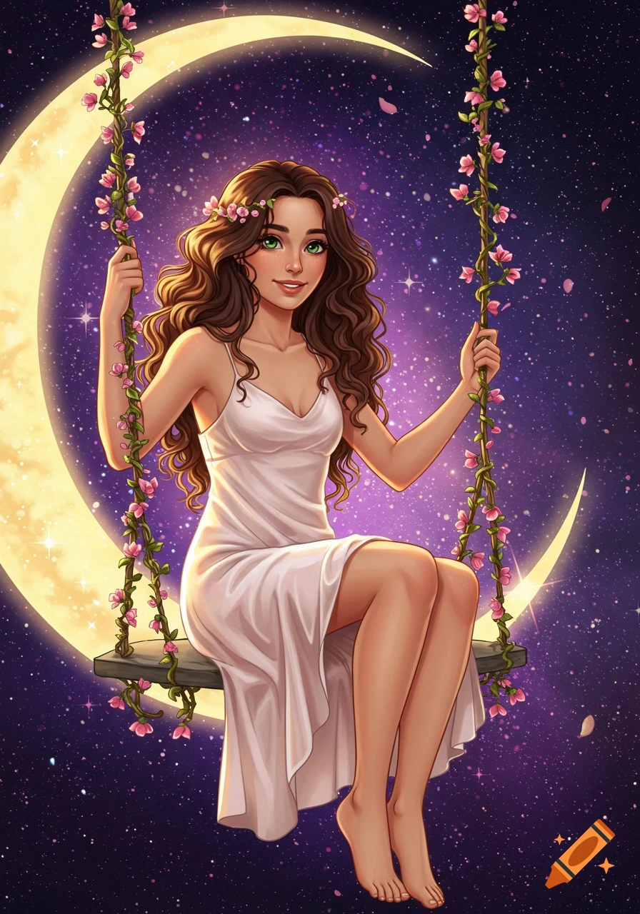 Fantasy illustration of a young woman with brown curly hair, wearing a white slip dress and flower crown, smiling on a moon swing adorned with pink flowers against a starry galaxy background.