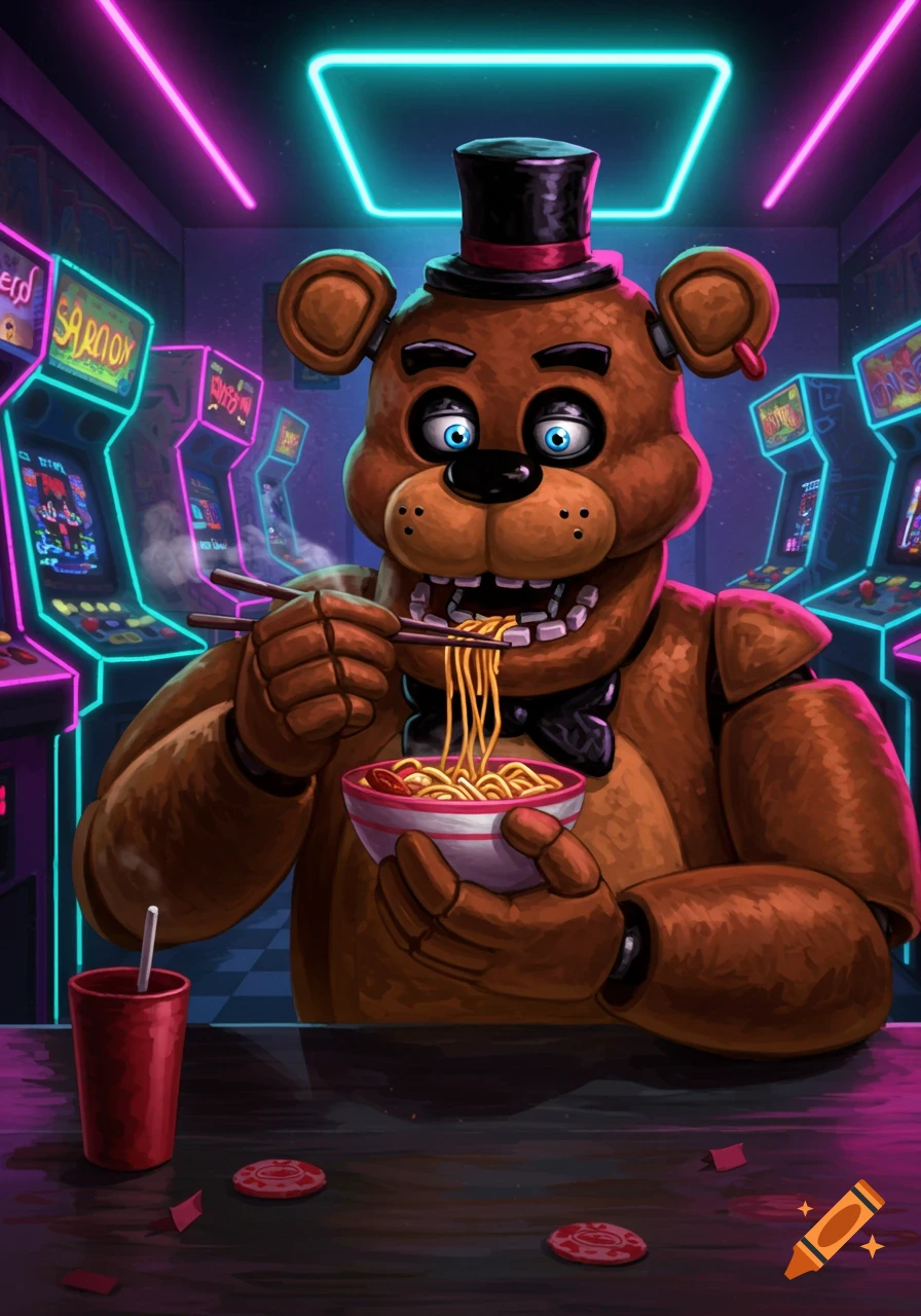 Freddy Fazbear, a brown animatronic bear, eats noodles with chopsticks at a table in a vibrant, neon-lit arcade.