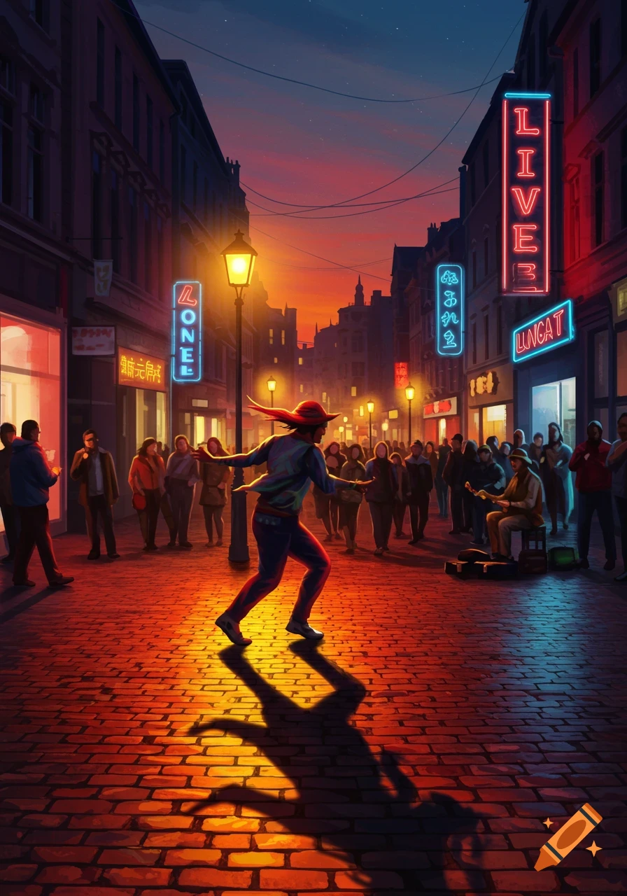 A stylized painting of a street performer dancing on a cobblestone street at dusk, lit by warm streetlights and cool neon signs.