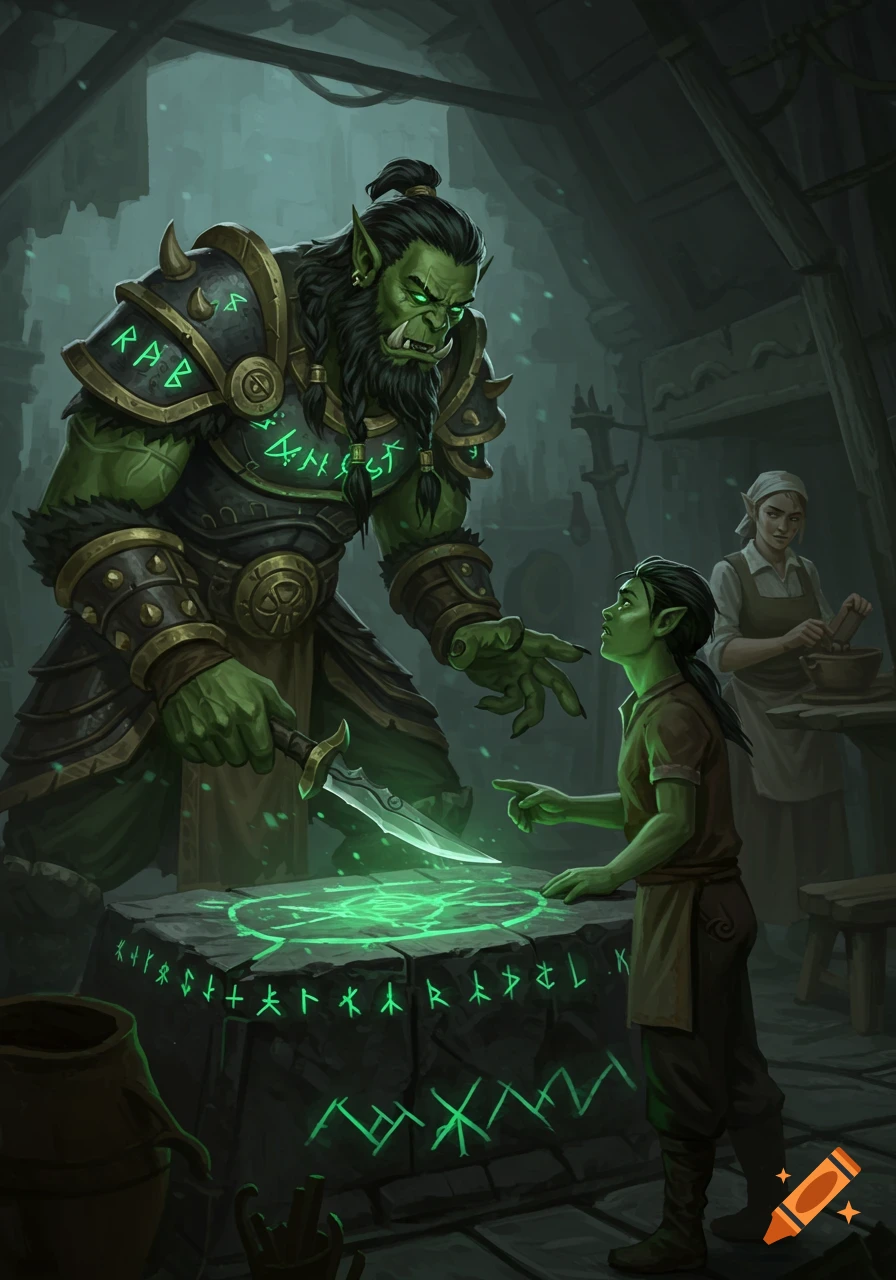 A large, armored orc with a glowing knife stands over a runic pedestal with a young orc, while a human woman works in the background. Fantasy art.
