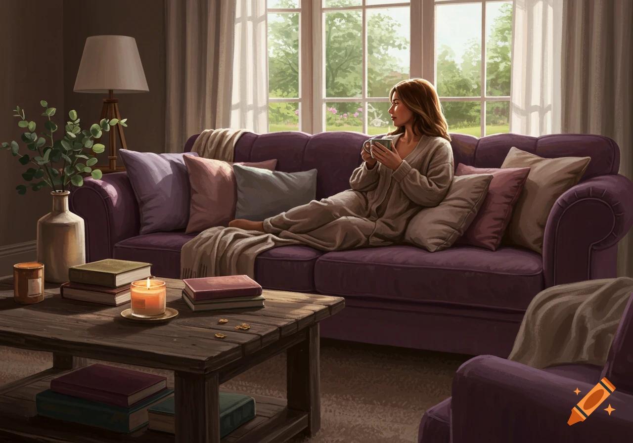A woman relaxes on a purple couch in a cozy living room, holding a mug and looking out a large window.