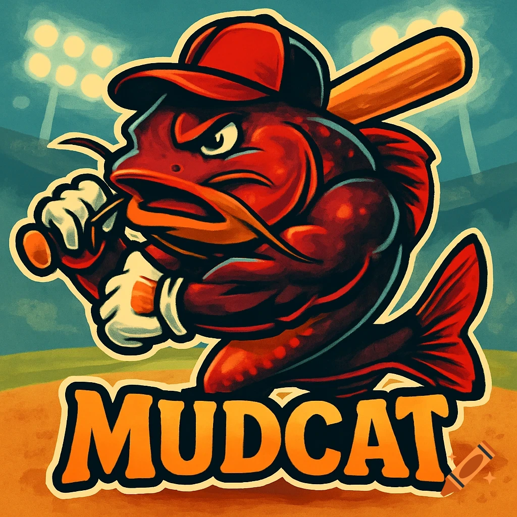 A muscular red cartoon catfish wearing a baseball cap and batting gloves, holding a bat on a baseball field, with the word "MUDCAT" written below.