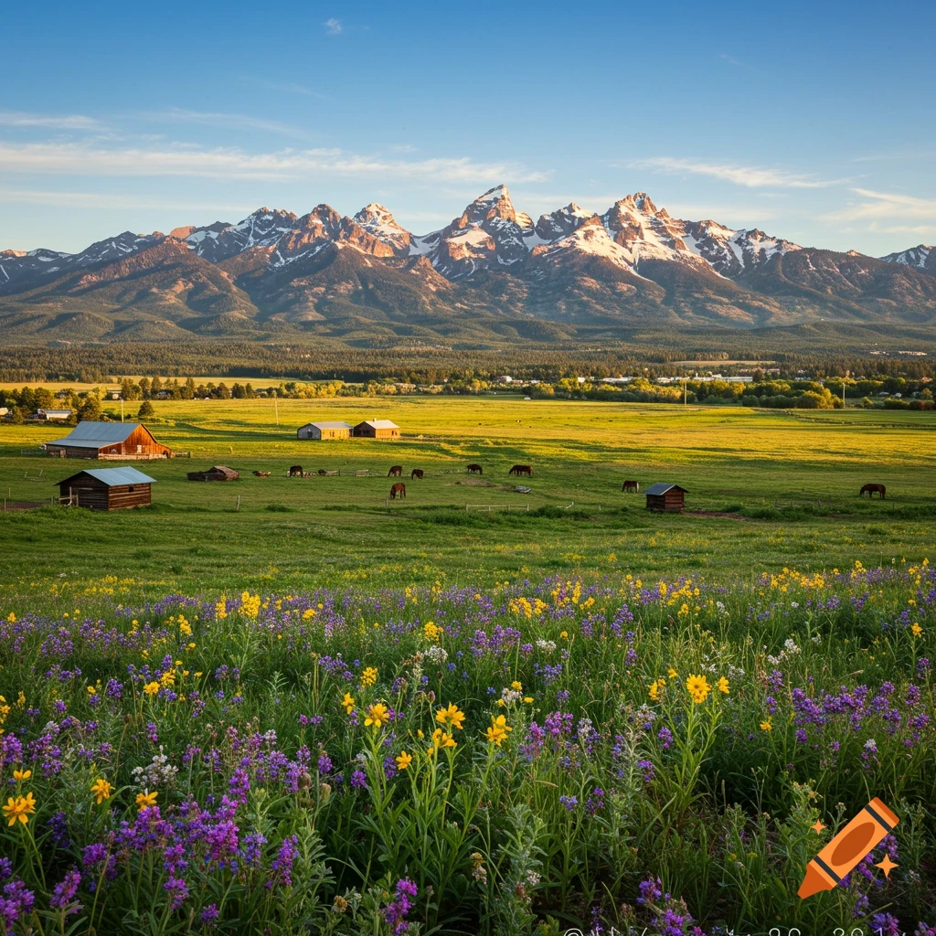 Photorealistic landscape of snow-capped mountains over green fields with barns, grazing horses, and a foreground filled with purple and yellow wildflowers.