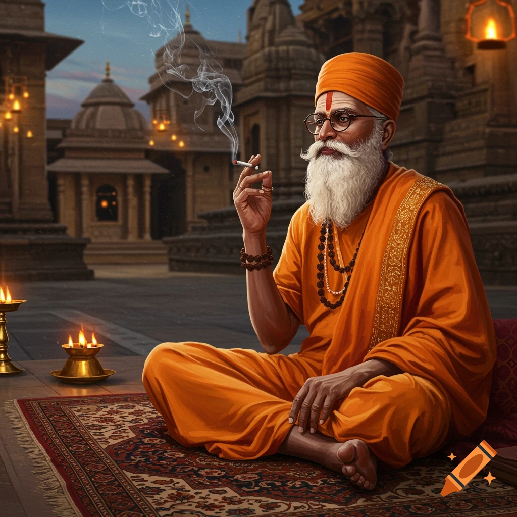 An old bearded Hindu pandit in orange robes sits cross-legged on a patterned rug, smoking a cigarette in a temple courtyard at dusk.