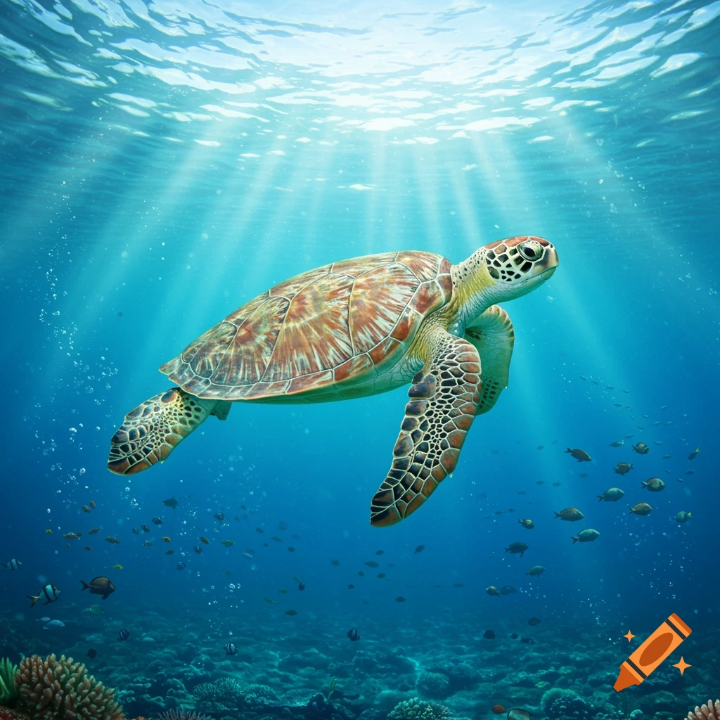 A large sea turtle swims towards the sunlight in clear blue ocean water above a coral reef, with small fish in the background.