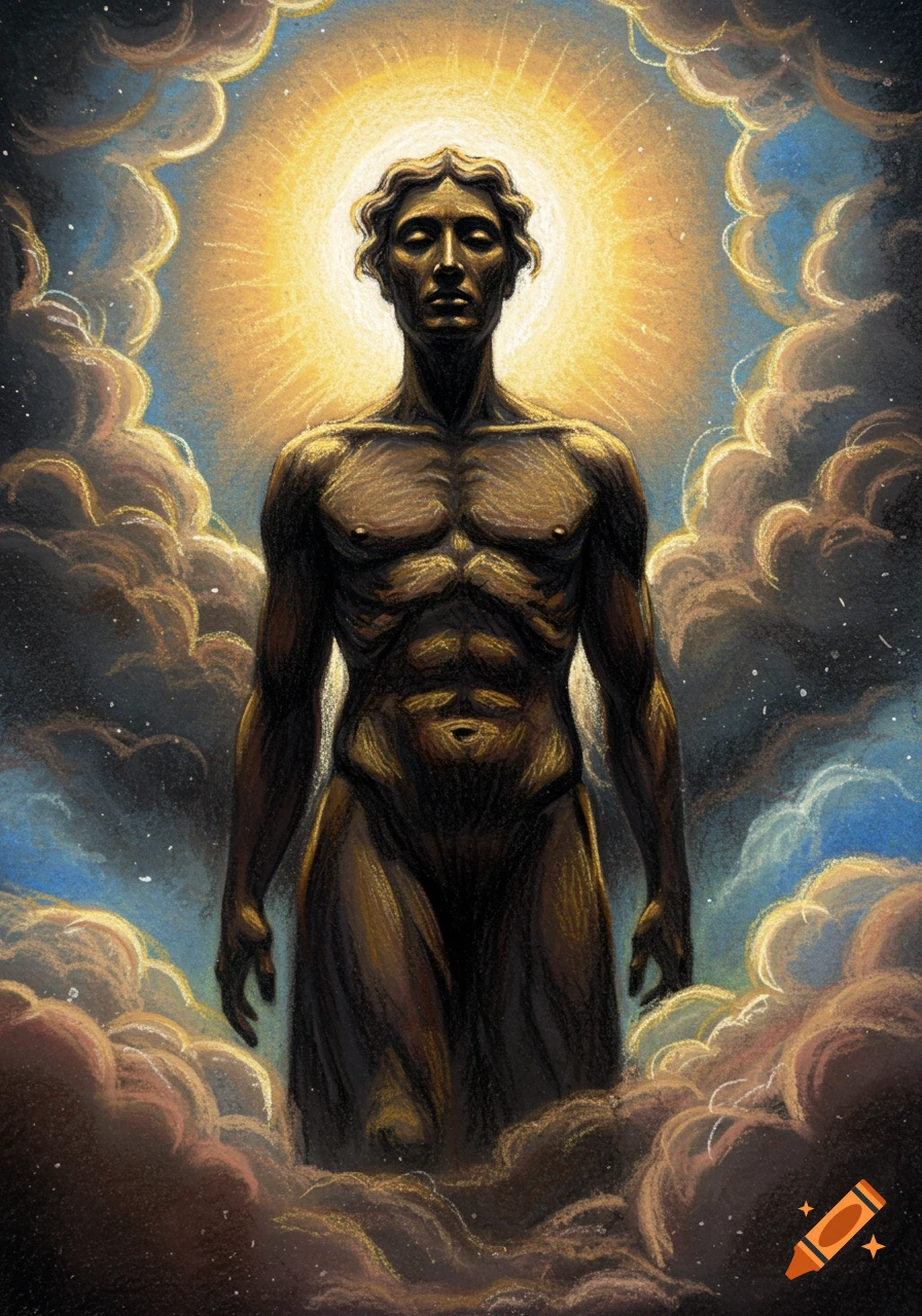 A divine male figure with a bright halo of light, surrounded by clouds, in a dark, textured crayon art style reminiscent of Goya.