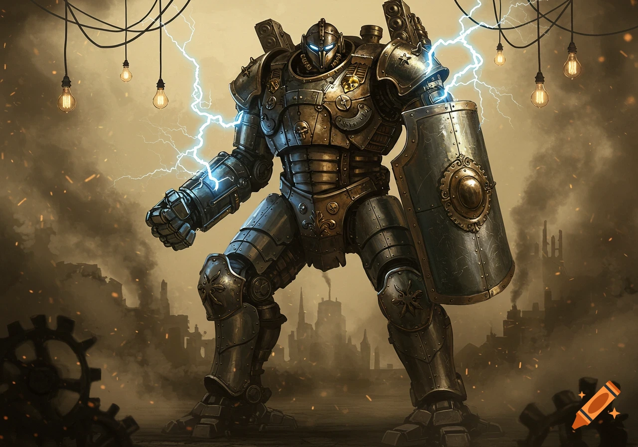 A powerful steampunk mech suit with a lightning fist and shield stands amidst smoke and industrial ruins under glowing light bulbs.