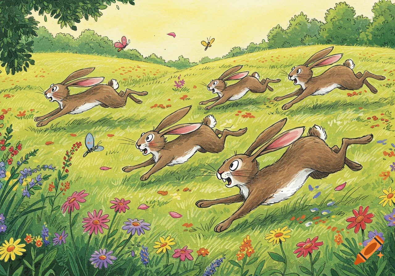 Several brown bunnies hop happily across a vibrant, flower-filled green field with butterflies, in a whimsical children's illustration.