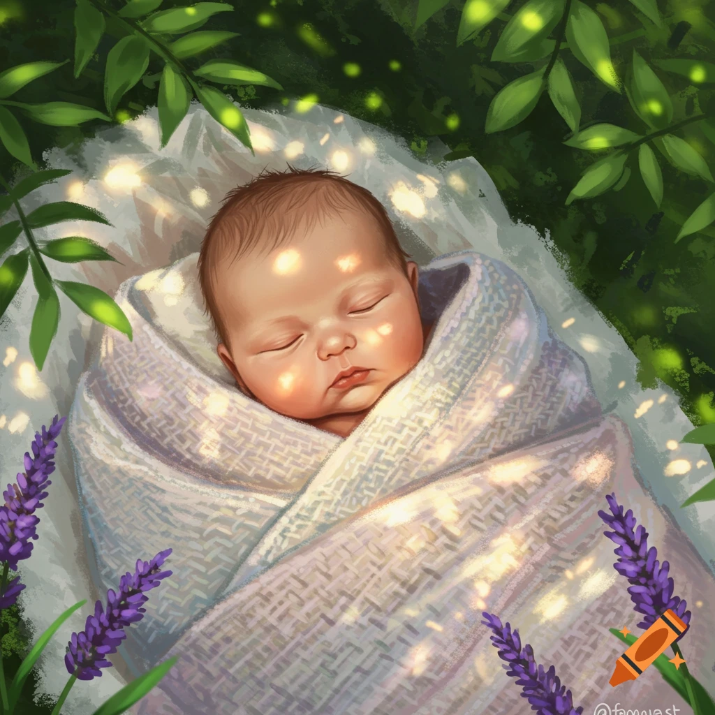 A sleeping baby swaddled in a white blanket, bathed in dappled sunlight, surrounded by green leaves and purple lavender, illustration.