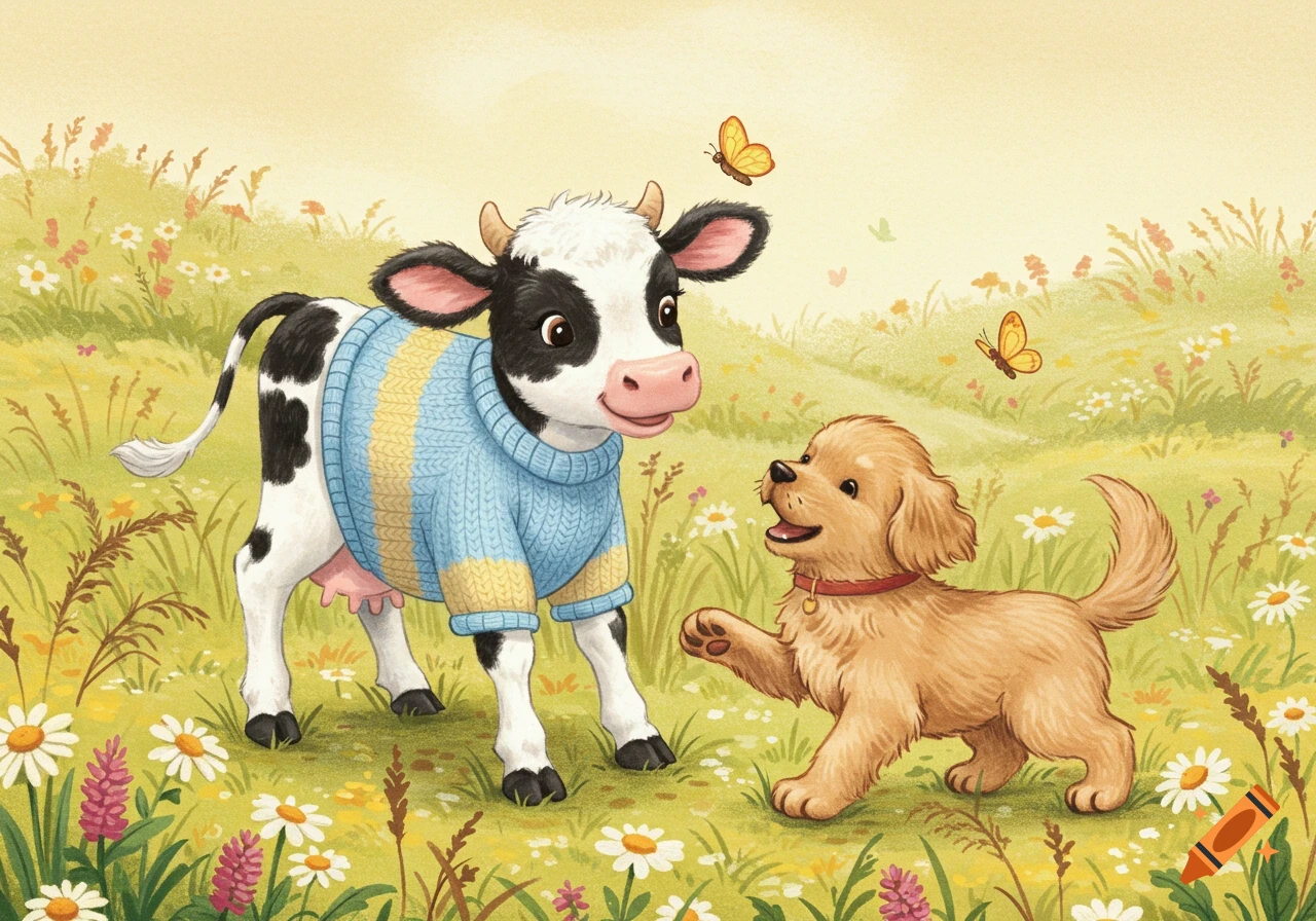 A cute Holstein calf wearing a blue and yellow sweater plays with a golden retriever puppy in a field of flowers, in a children's book illustration style.