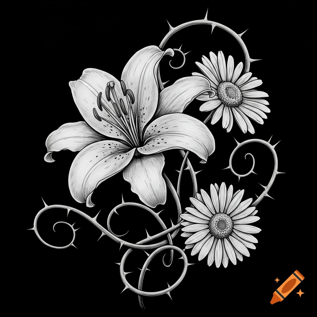 Black and white illustration of a lily, daisies, and thorny vines on a black background.