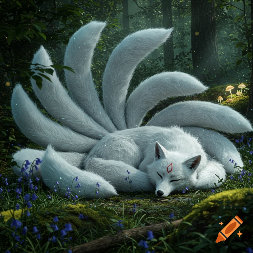 A hyperrealistic white nine-tailed kitsune sleeping peacefully in a mossy forest with purple flowers and glowing mushrooms.