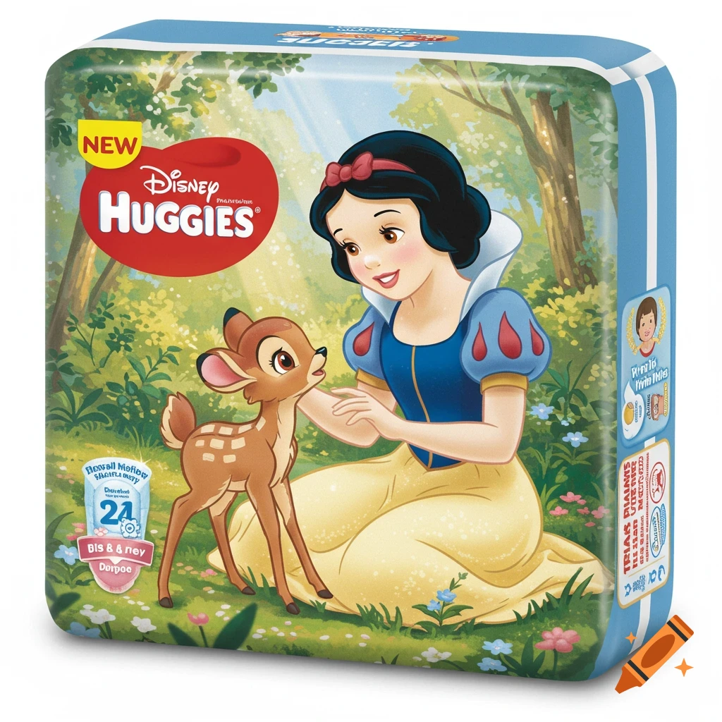 A Disney Huggies diaper package featuring an illustration of Snow White and a fawn in a forest.