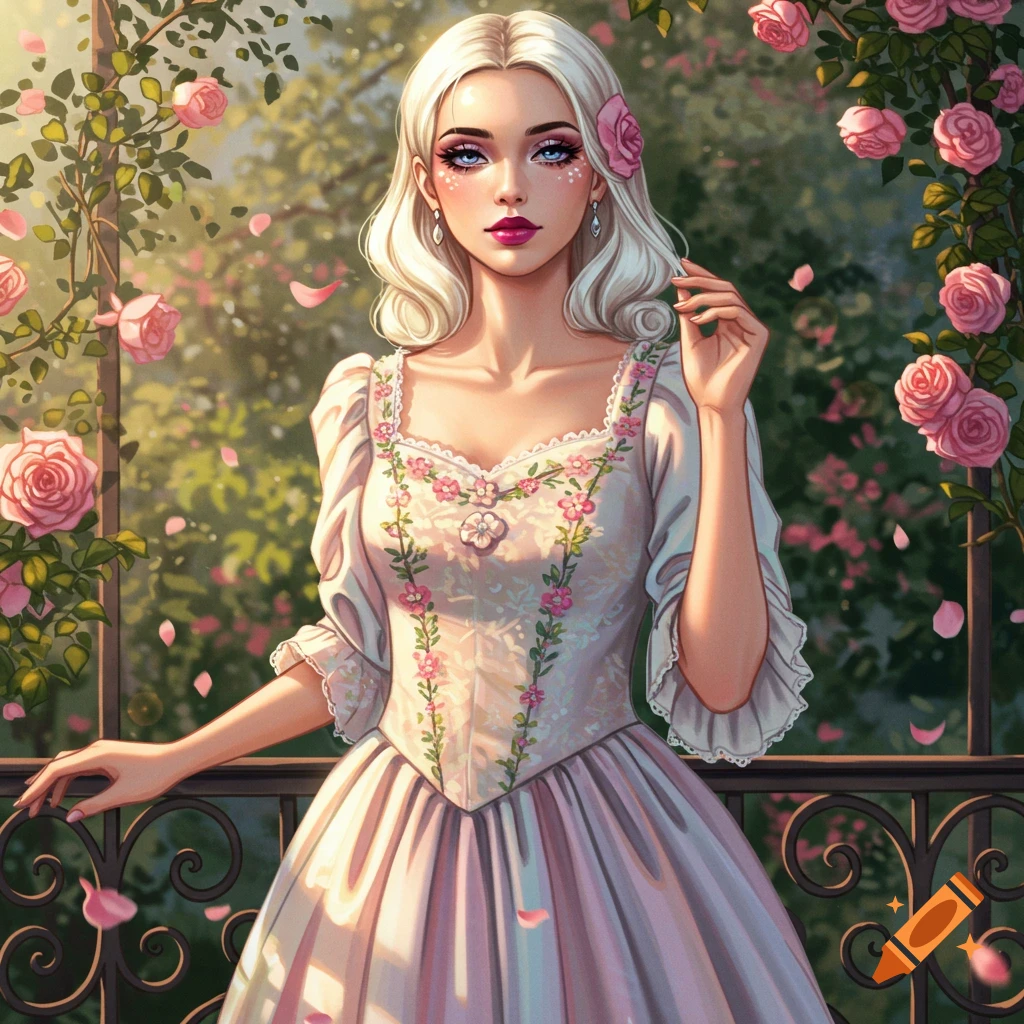 An illustrative portrait of a woman with white hair and pink dress among pink roses on a balcony.