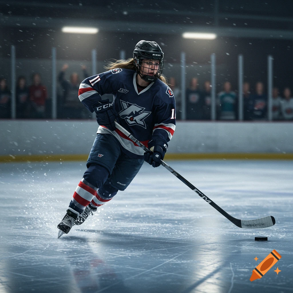 A female hockey player skates on ice during a game, holding her stick with a puck nearby. She wears a navy jersey and helmet.