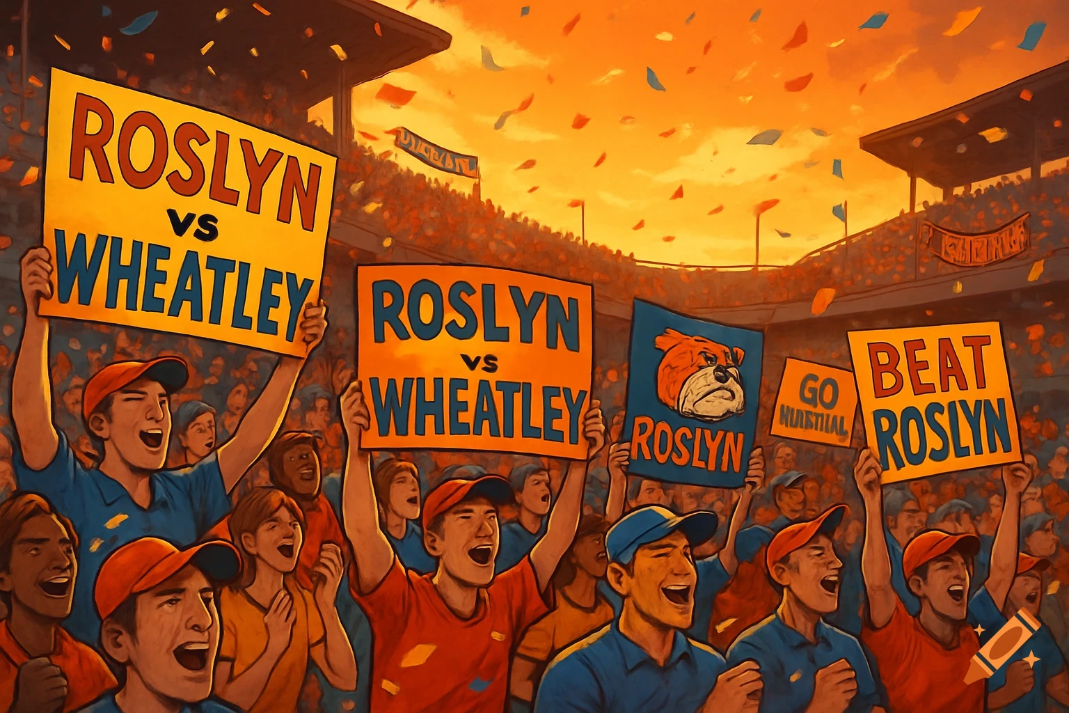 A vibrant, stylized illustration of a stadium crowd cheering, holding up signs that say "ROSLYN VS WHEATLEY" under an orange sky with confetti.