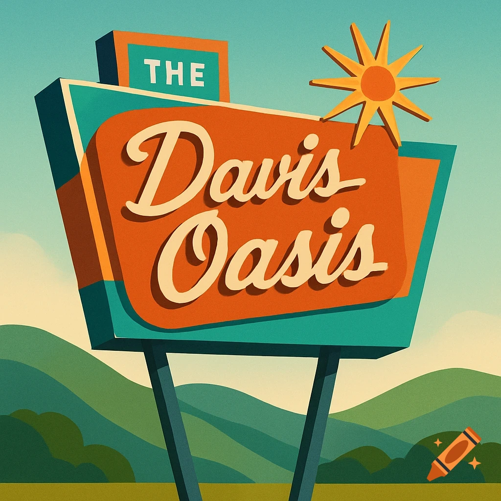 A colorful midcentury modern sign for 'The Davis Oasis' motel, set against green hills and a blue sky with a sun graphic.