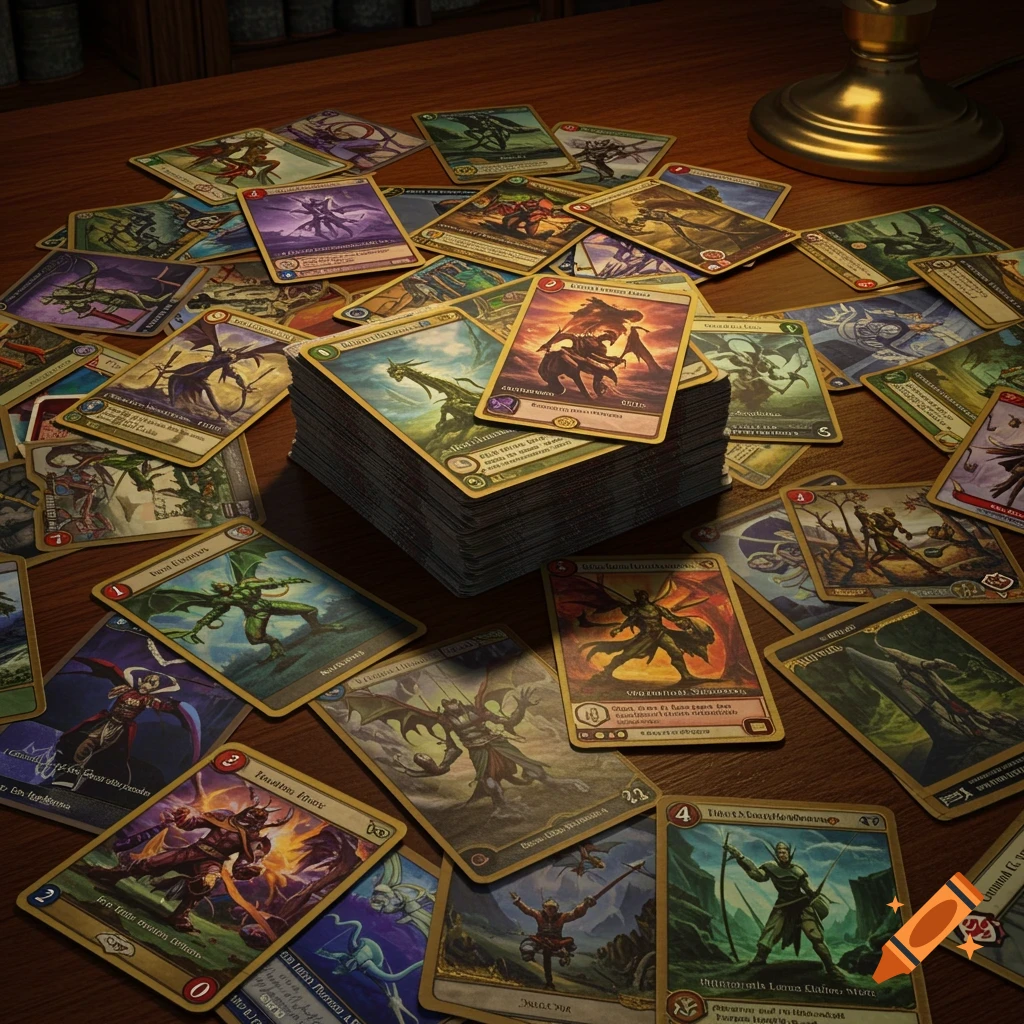 A stack of fantasy trading cards scattered on a wooden table, illuminated by a warm light.