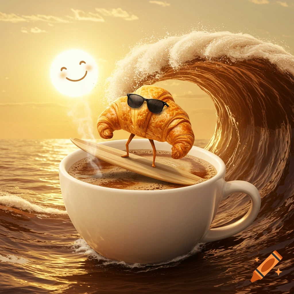 A croissant wearing sunglasses surfs on a coffee wave inside a white cup, with a smiling sun in a golden sky.