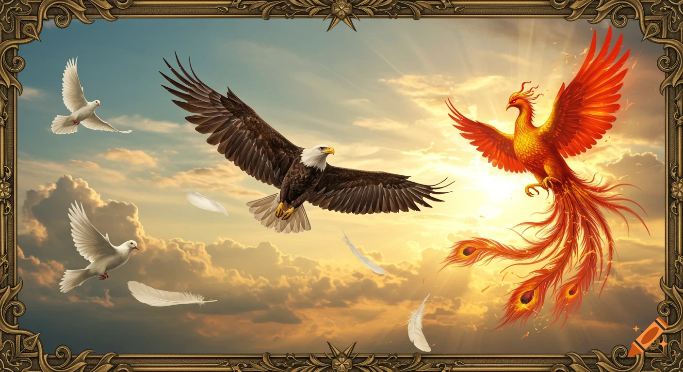 An eagle, phoenix, and doves fly in a bright, cloudy sky, framed by an ornate golden border.