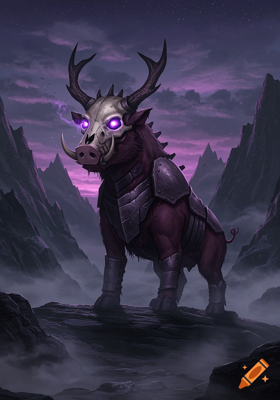 A purple fantasy creature with a skull head, glowing purple eyes, and antlers, wearing armor, stands on a rocky mountain under a dark, starry, purple sky.