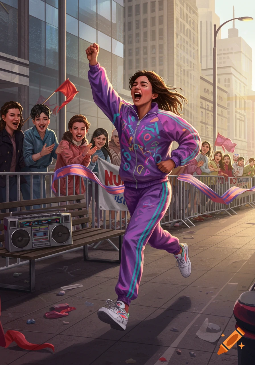 A vibrant illustration of a woman in a purple 90s tracksuit running and cheering across a finish line at a marathon in a city, with spectators.