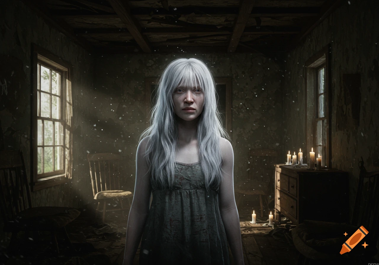 A pale woman with long white hair in a dilapidated, dusty room with windows and burning candles, looking devastated.