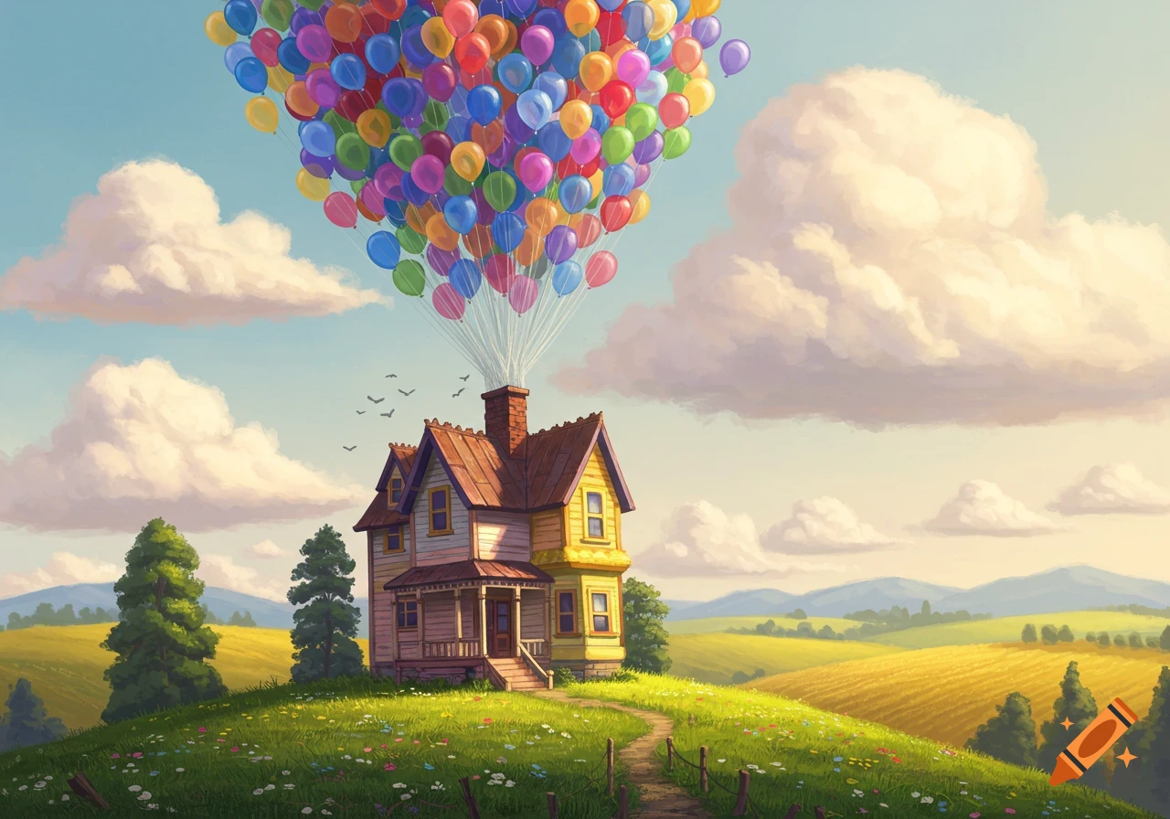 A colorful house lifted by numerous balloons floats above a green hill with fields and mountains in the background, in an animated style.