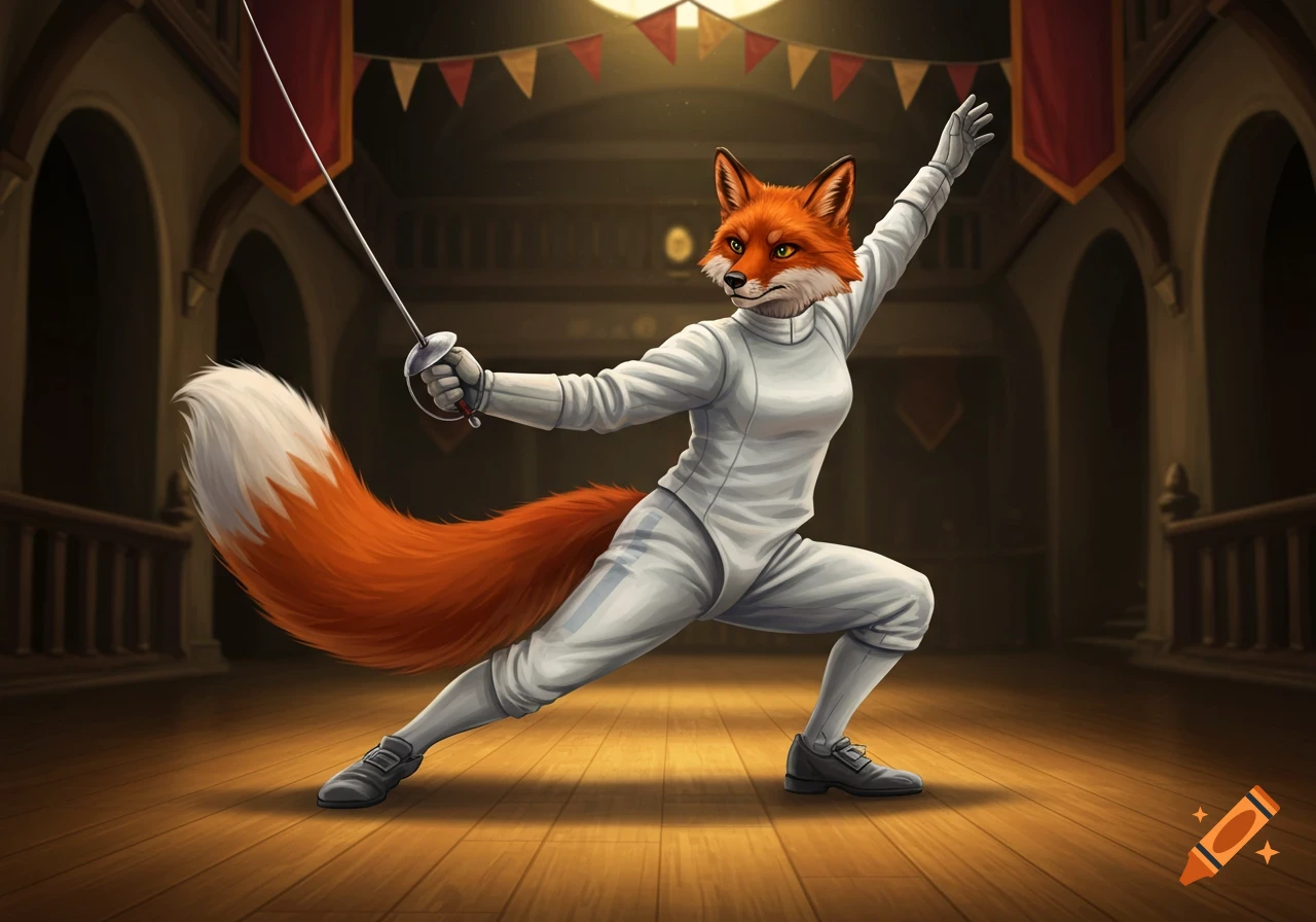 An anthropomorphic fox in white fencing gear holds an epee, lunging in a fencing hall.