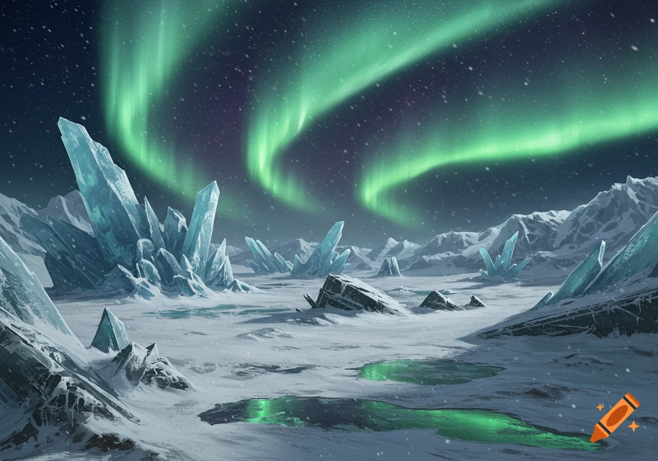 An icy, snowy landscape with large blue crystal formations and green aurora borealis in the night sky.