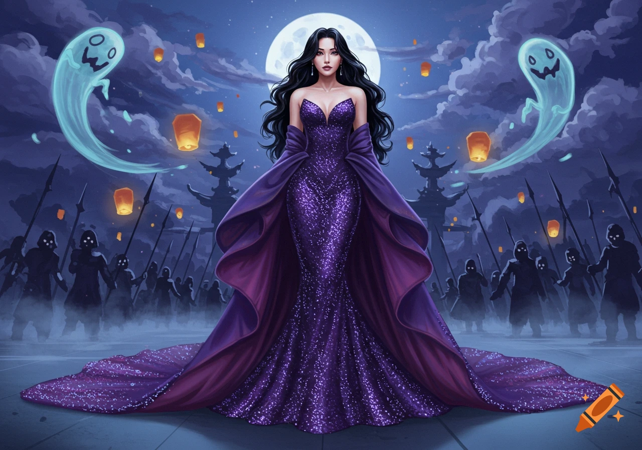 A woman in a sparkling purple gown stands under a full moon, with glowing ghosts and a shadowy army behind her, in a fantasy digital art style.