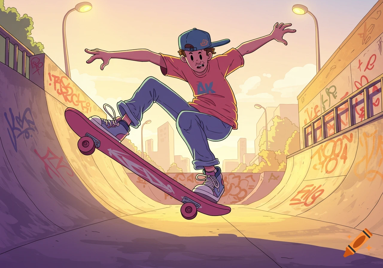 A retro-style cartoon features a male skateboarder mid-air on his board in a skate park with graffiti-covered walls, set against a sunset sky.