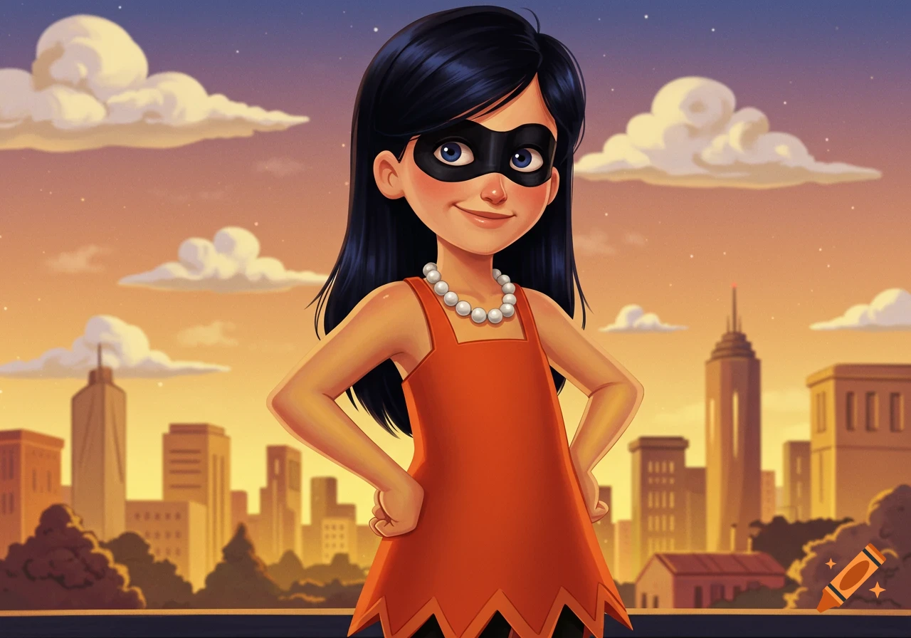 A cartoon girl resembling Violet from The Incredibles wears an orange dress, pearl necklace, and black mask, standing on a rooftop at sunset with a city skyline behind her.