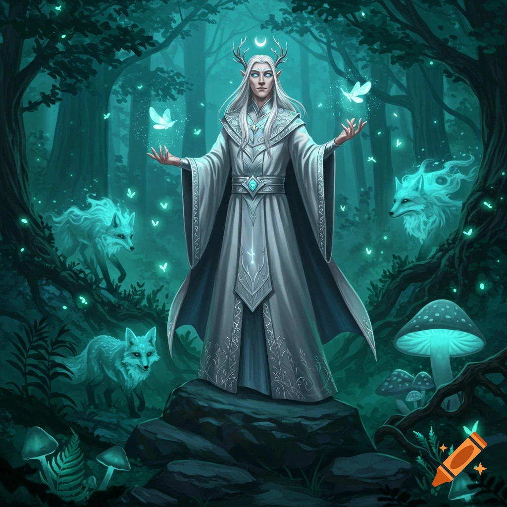 A regal elf wizard with white hair stands in a mystical forest, surrounded by glowing spirit foxes, mushrooms, and butterflies.