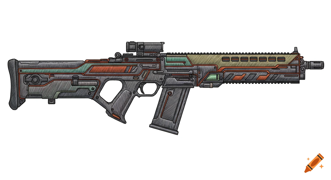 Side view of a stylized sci-fi firearm with a green, red, and grey threaded texture on a white background.