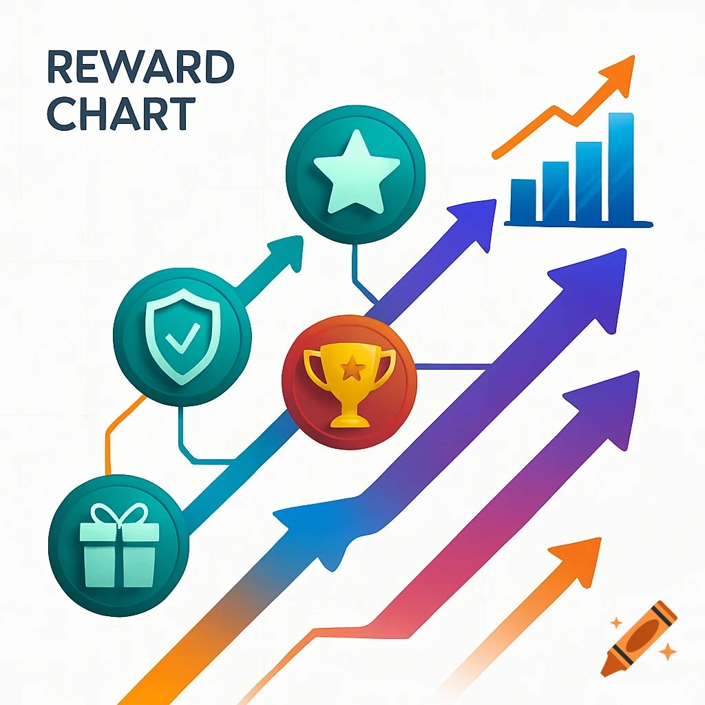 A colorful infographic titled 'Reward Chart' with icons for star, shield, gift, and trophy, connected by arrows pointing towards a bar chart and upward growth lines.