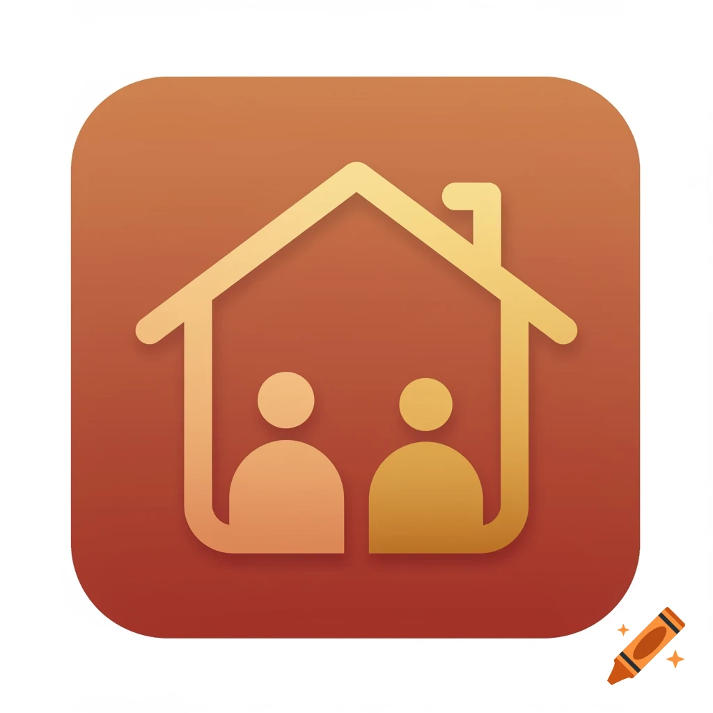 Minimalist app icon with a golden house outline enclosing two human silhouettes on a terracotta to gold gradient background.