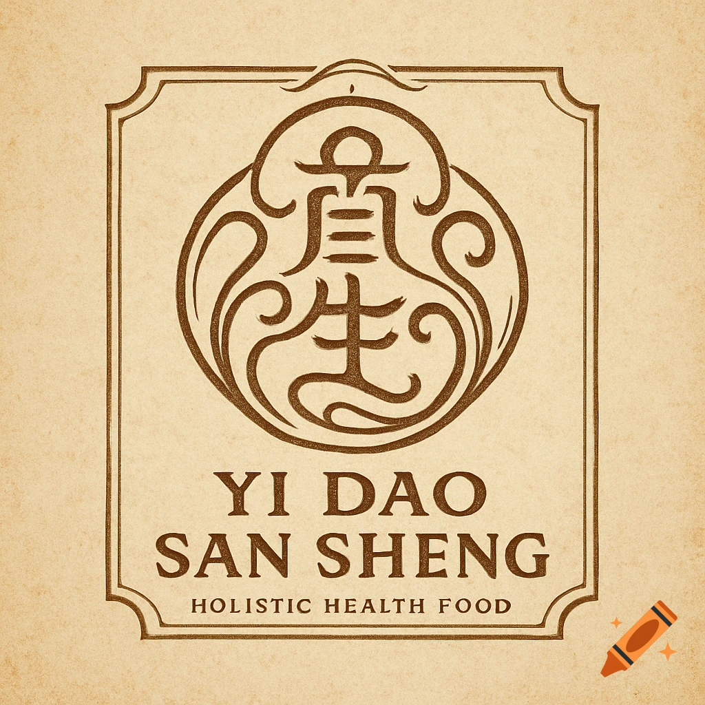 A vintage-style logo for "Yi Dao San Sheng Holistic Health Food" featuring stylized Chinese characters within a circular emblem, set on a beige textured background with a decorative border.