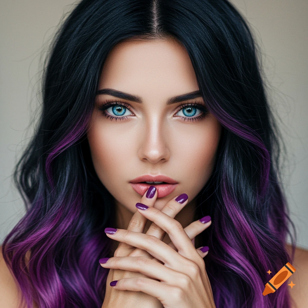 Close-up photorealistic portrait of a woman with dark hair and purple highlights, blue eyes, and purple nails, hands clasped.